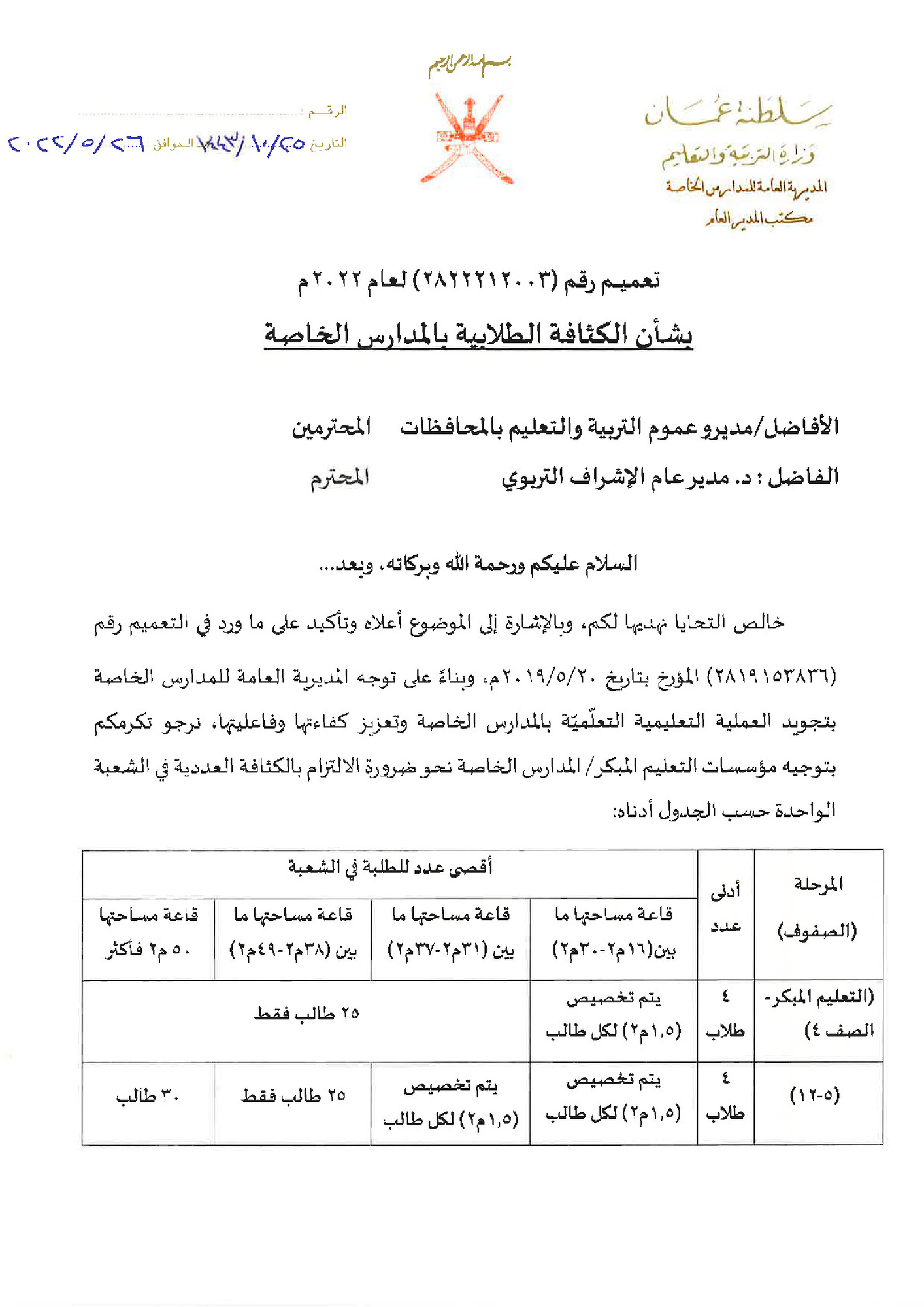 تعميم الكثافة العددية للطلبة تعديل مايو2022
