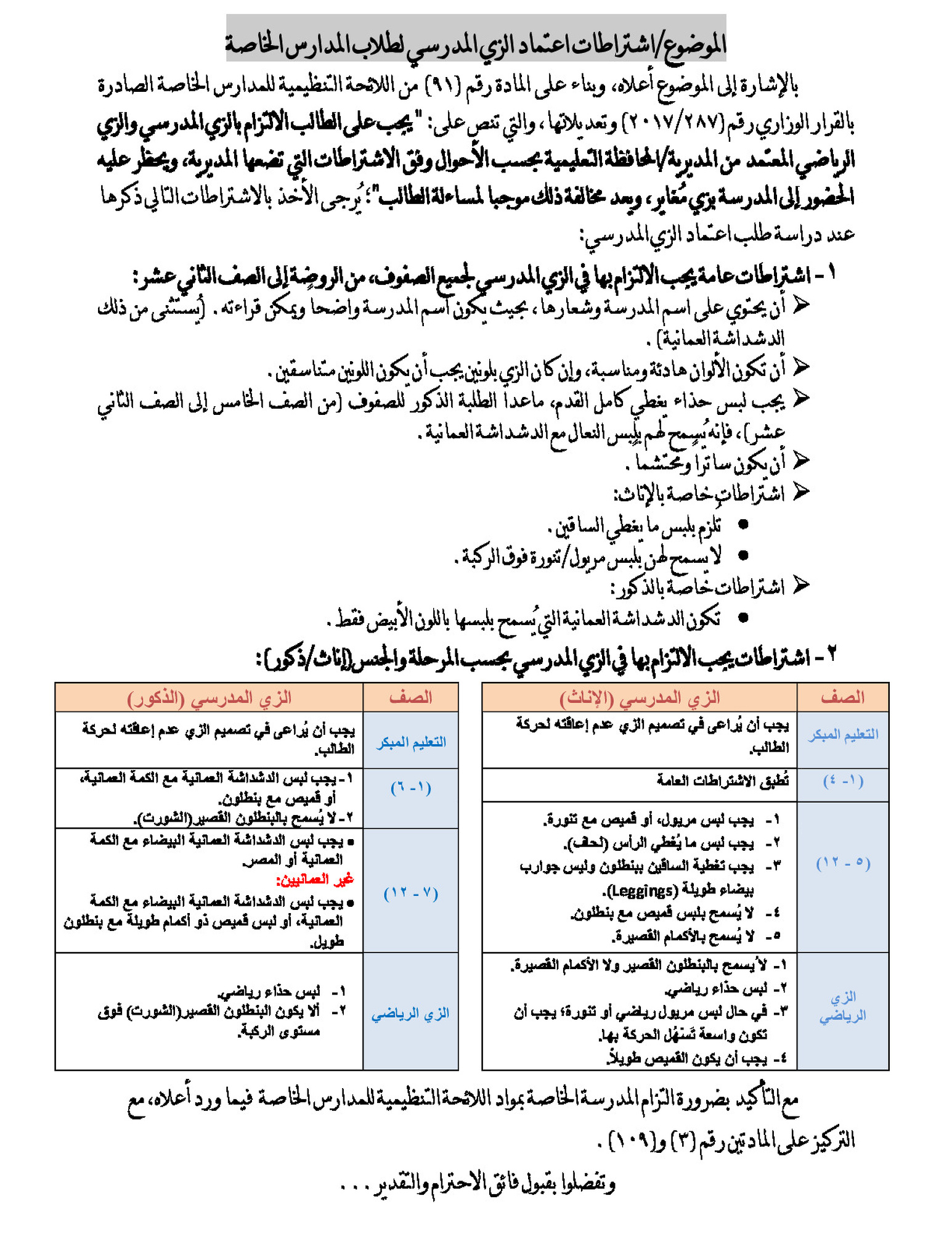 اشتراطات الزي المدرسي للمدارس الخاصة